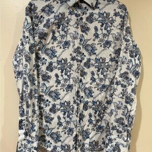 Men's White Button-Down Shirt with Blue Floral Print